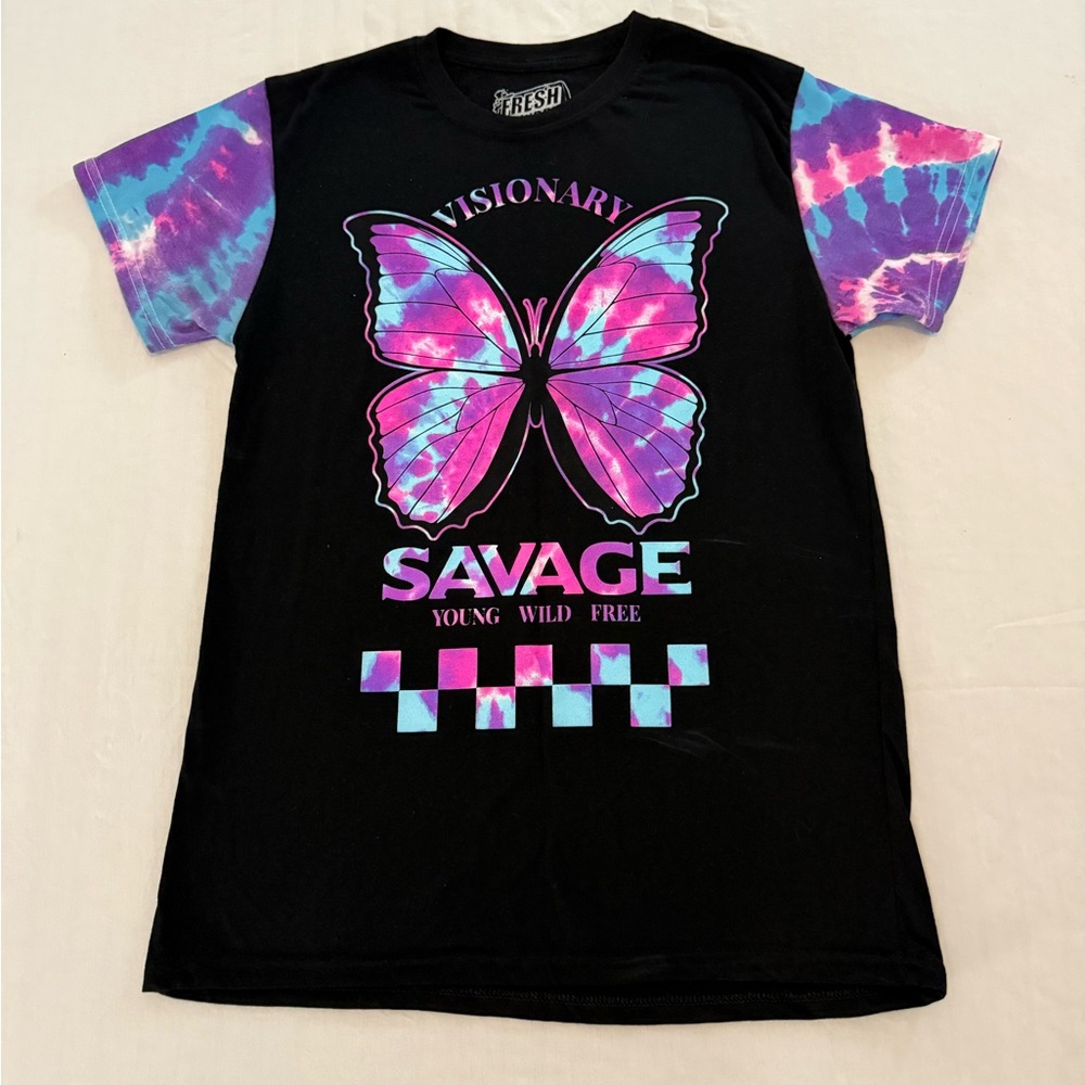 Fresh Laundry Butterfly Graphic Tie Dye Sleeve T-Shirt Black - Size M